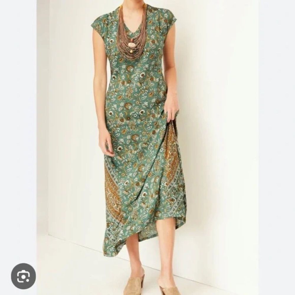 J. Jill Pure Jill Floral Green Sleeveless Maxi Boho Viscose V-Neck Dress SIZE M